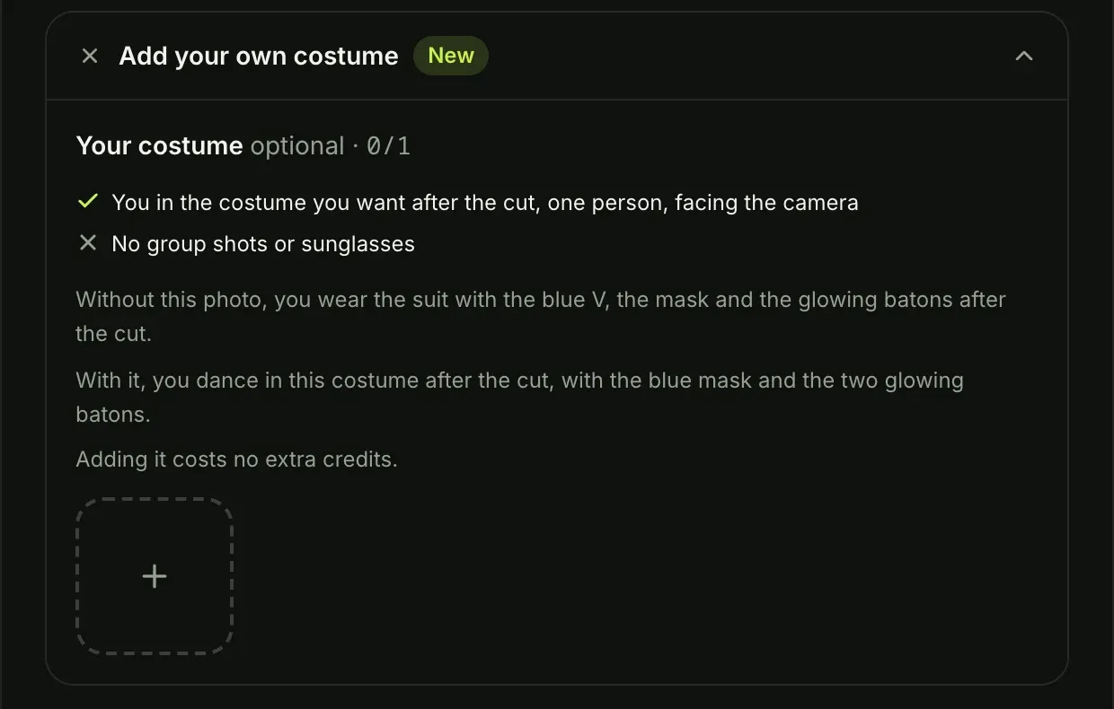 The optional costume photo box on the Nightwing AI Trend generator, opened, with no extra credits for adding it