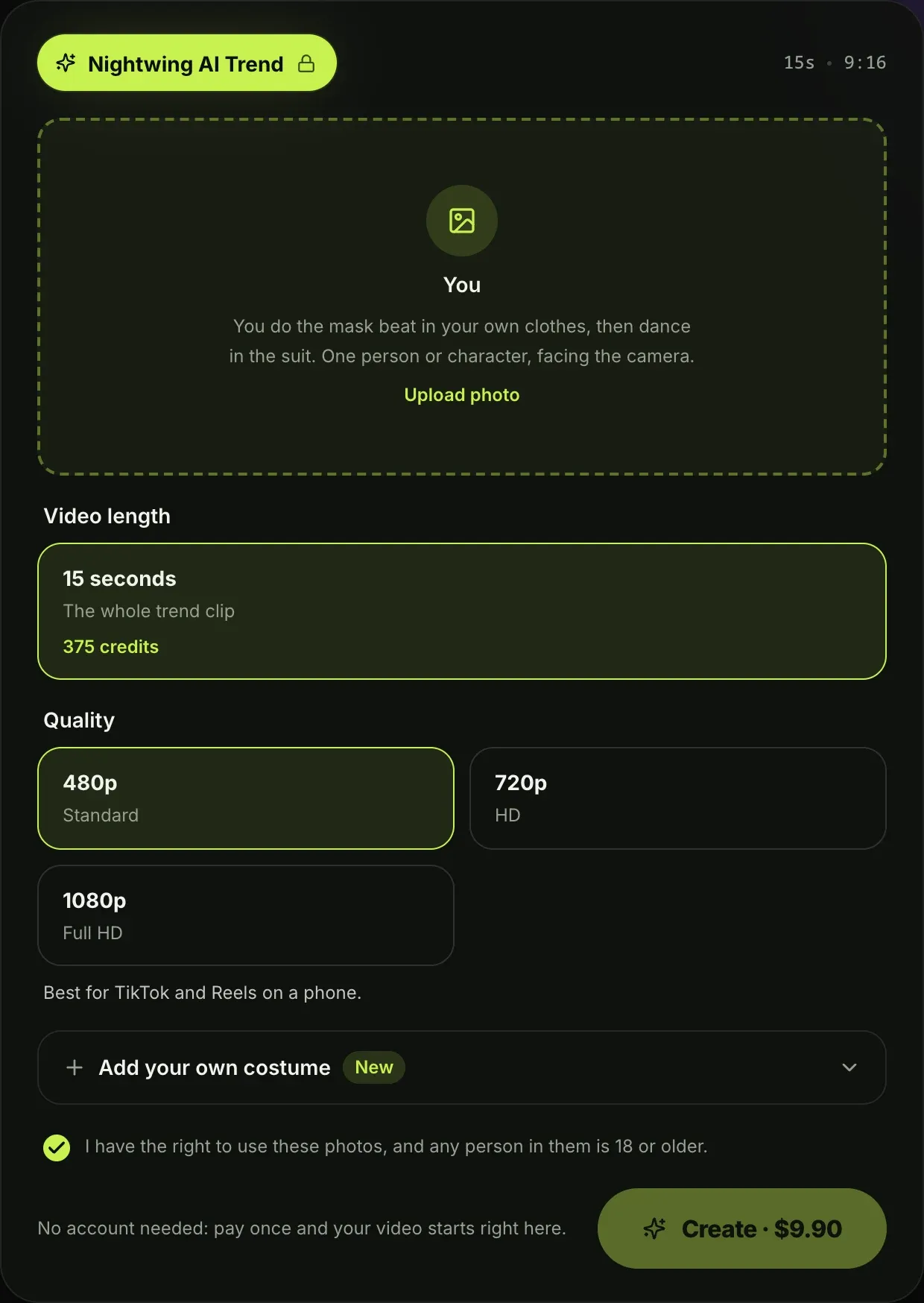 Step 1 on the Nightwing AI Trend generator: the photo box, 15 seconds at 480p, the consent box ticked and the Create · $9.90 button