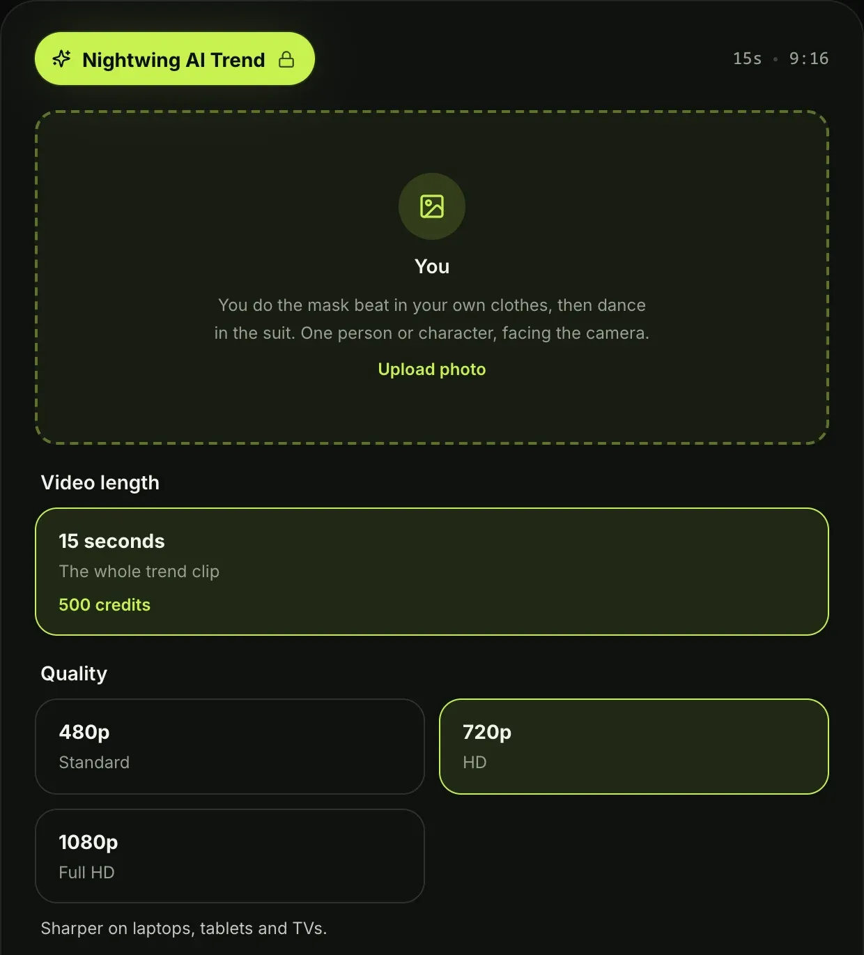 Step 2 on the Nightwing AI Trend generator: 720p chosen for a 15-second 9:16 video at 500 credits