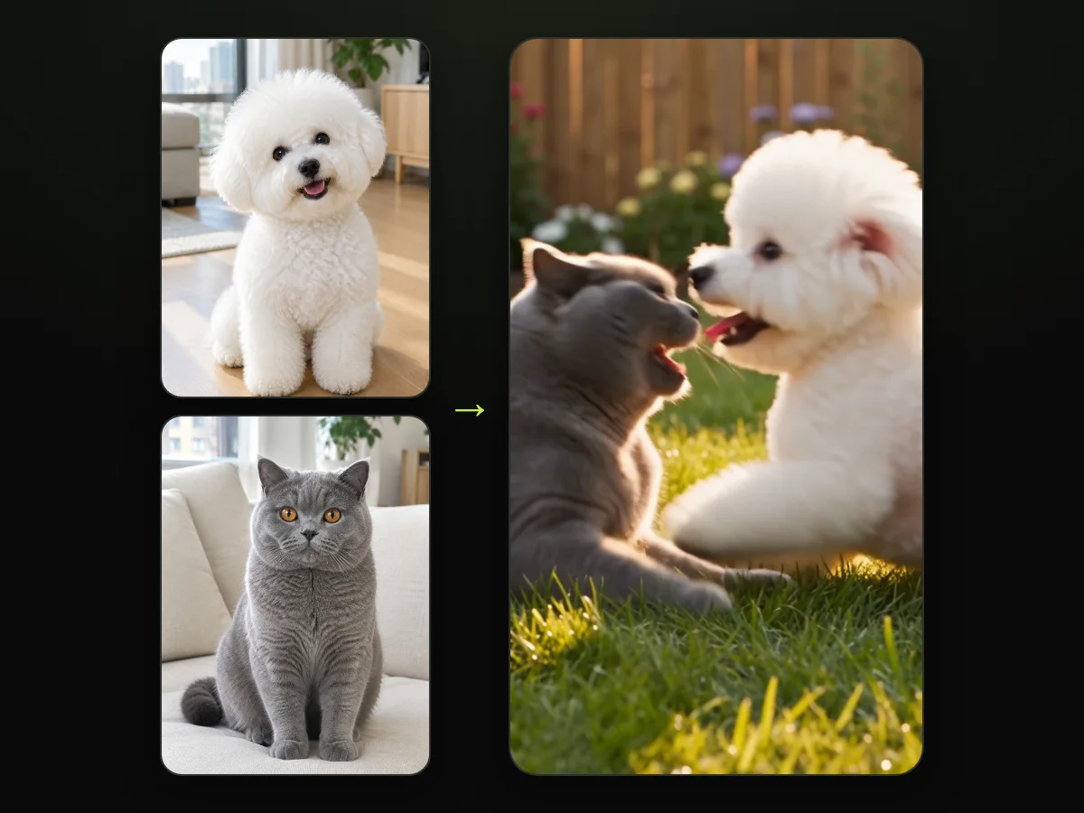 Photos of a white Bichon Frise and a grey British Shorthair beside a frame of the two nose to nose in the grass, from a zombie pet video made on Seadanse