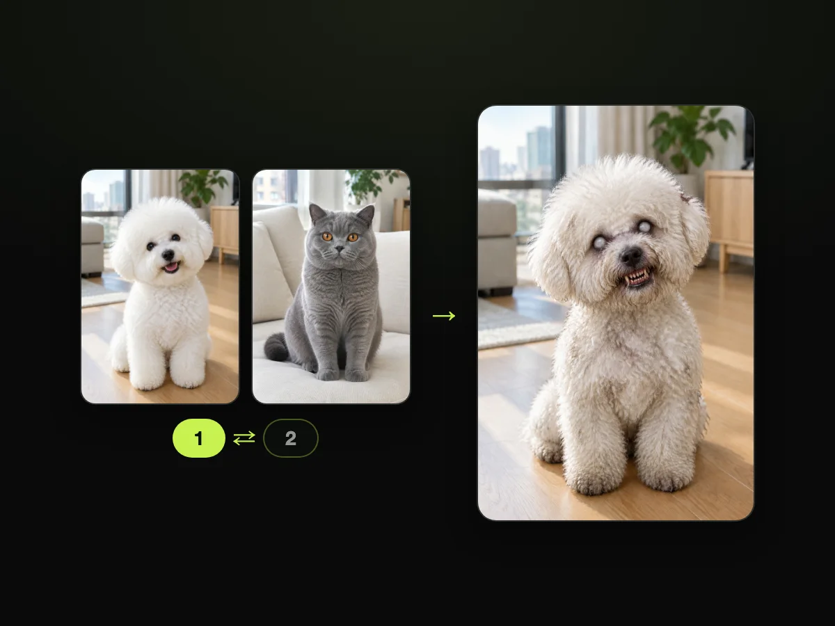 Two pet photos with a Turns zombie switch set to Photo 1, beside the zombie version of the Bichon