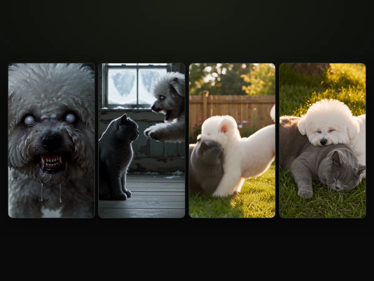 Four frames of a zombie pet video made on Seadanse: the zombie dog, the leap, the pounce in the grass and the two pets asleep