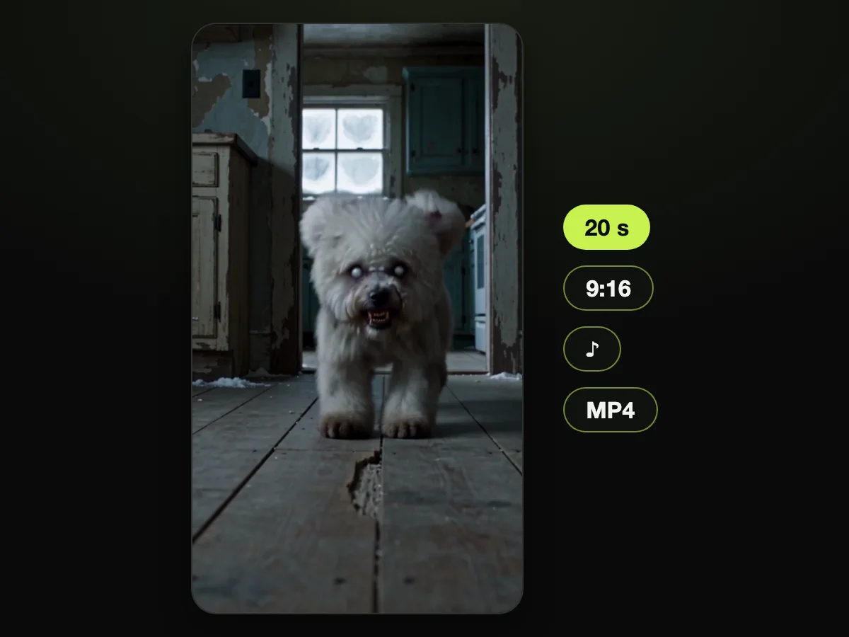A vertical frame of the zombie Bichon charging, beside 20 s, 9:16, sound and MP4 labels