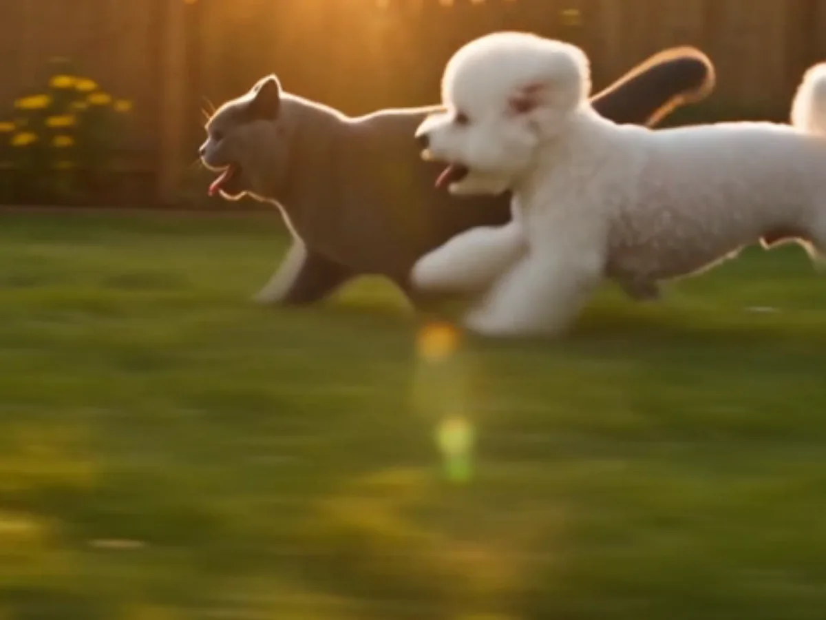 A Bichon Frise and a British Shorthair chasing each other across a backyard at sunset, from a zombie pet video made on Seadanse
