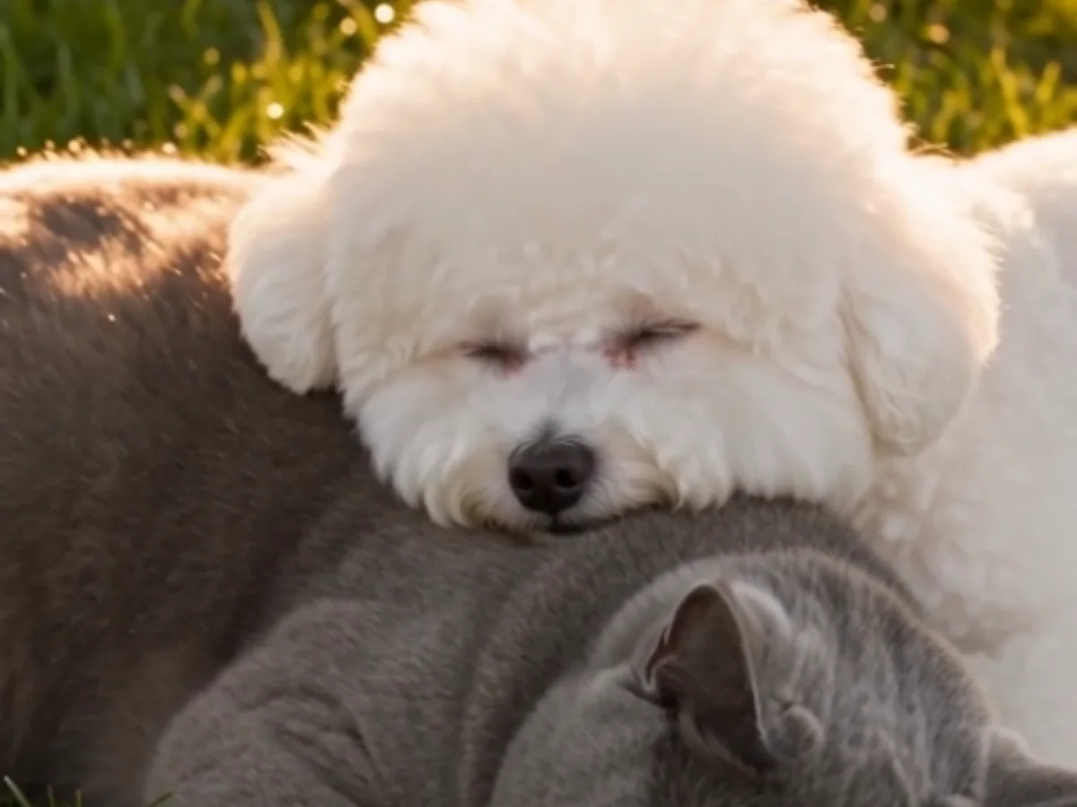 A Bichon Frise and a British Shorthair asleep together in the sun, from a zombie pet video made on Seadanse