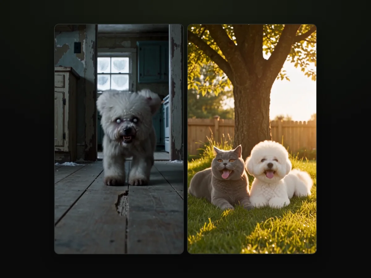 A phone playing a vertical zombie pet video of a zombie Bichon charging across a cabin floor