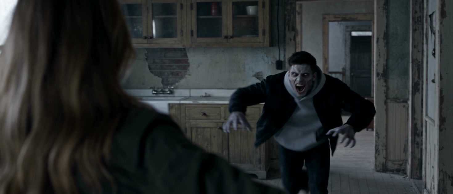 The leap in a zombie apocalypse love story: the man, turned into a zombie, rushes at her across the cabin kitchen