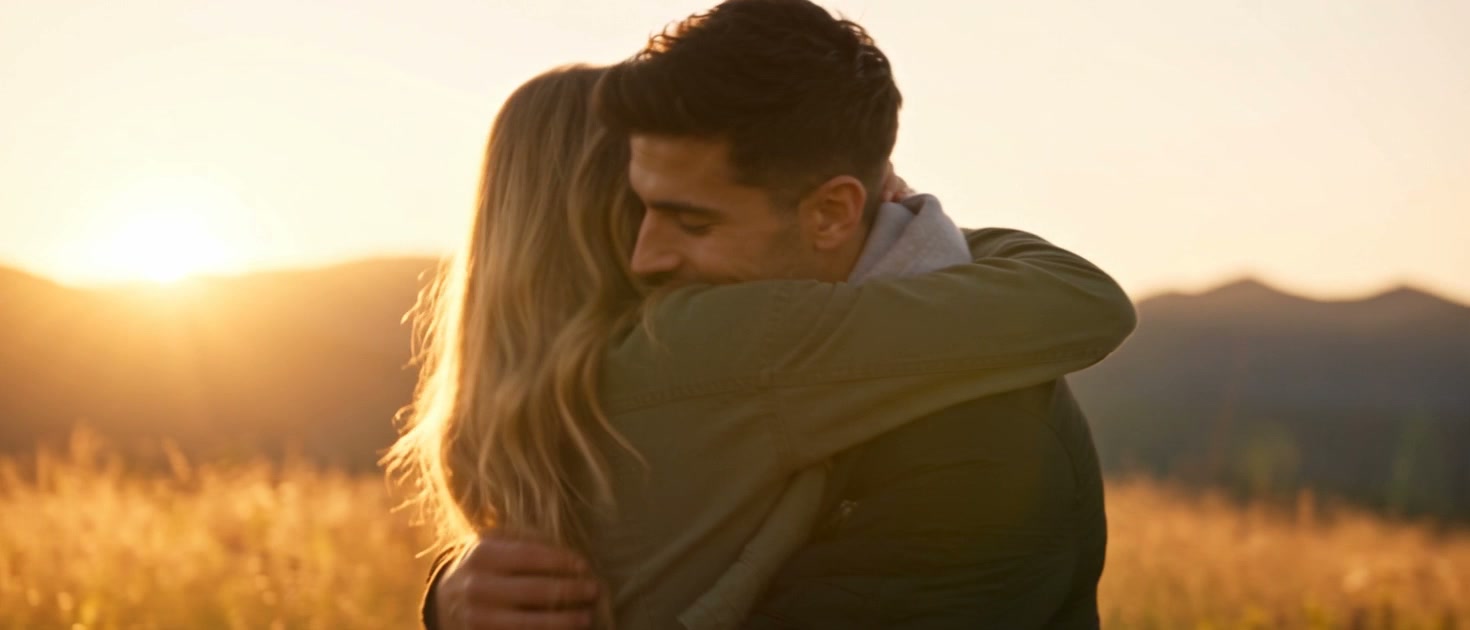 The memory in a zombie apocalypse love story: the same couple, healthy, hugging in a golden meadow at sunset
