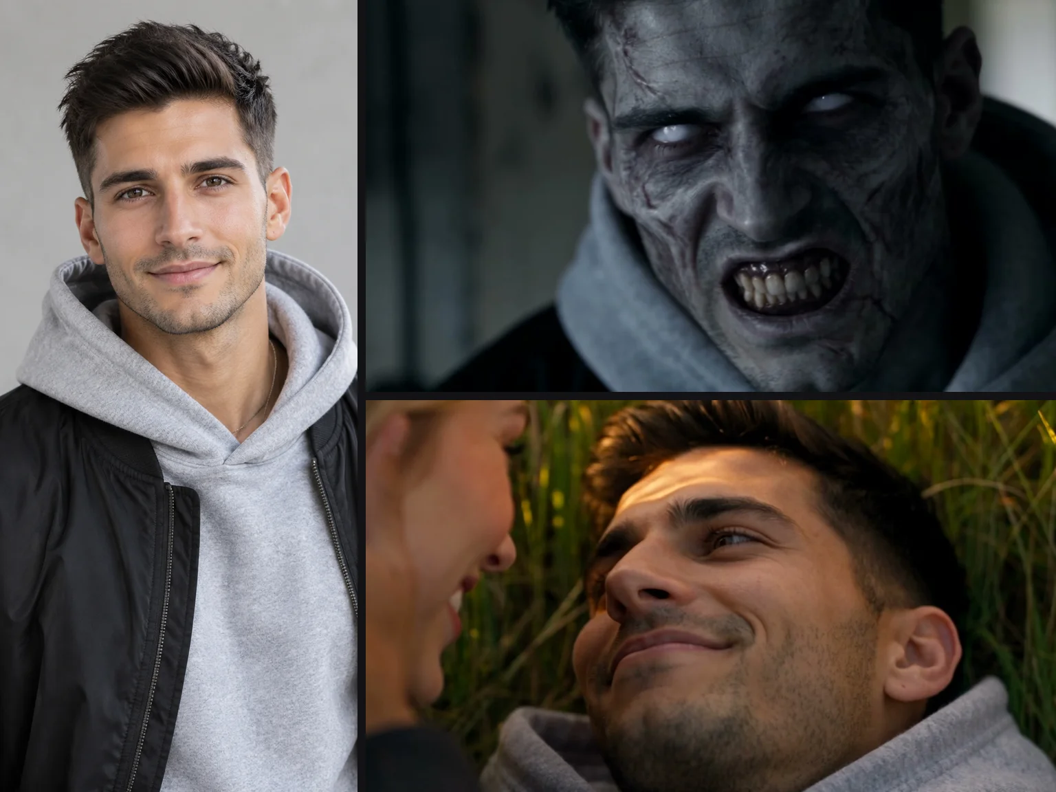 The same face in every part of an AI zombie video: the man's upload photo, his face as the zombie in the cabin, and his healthy face in the memory
