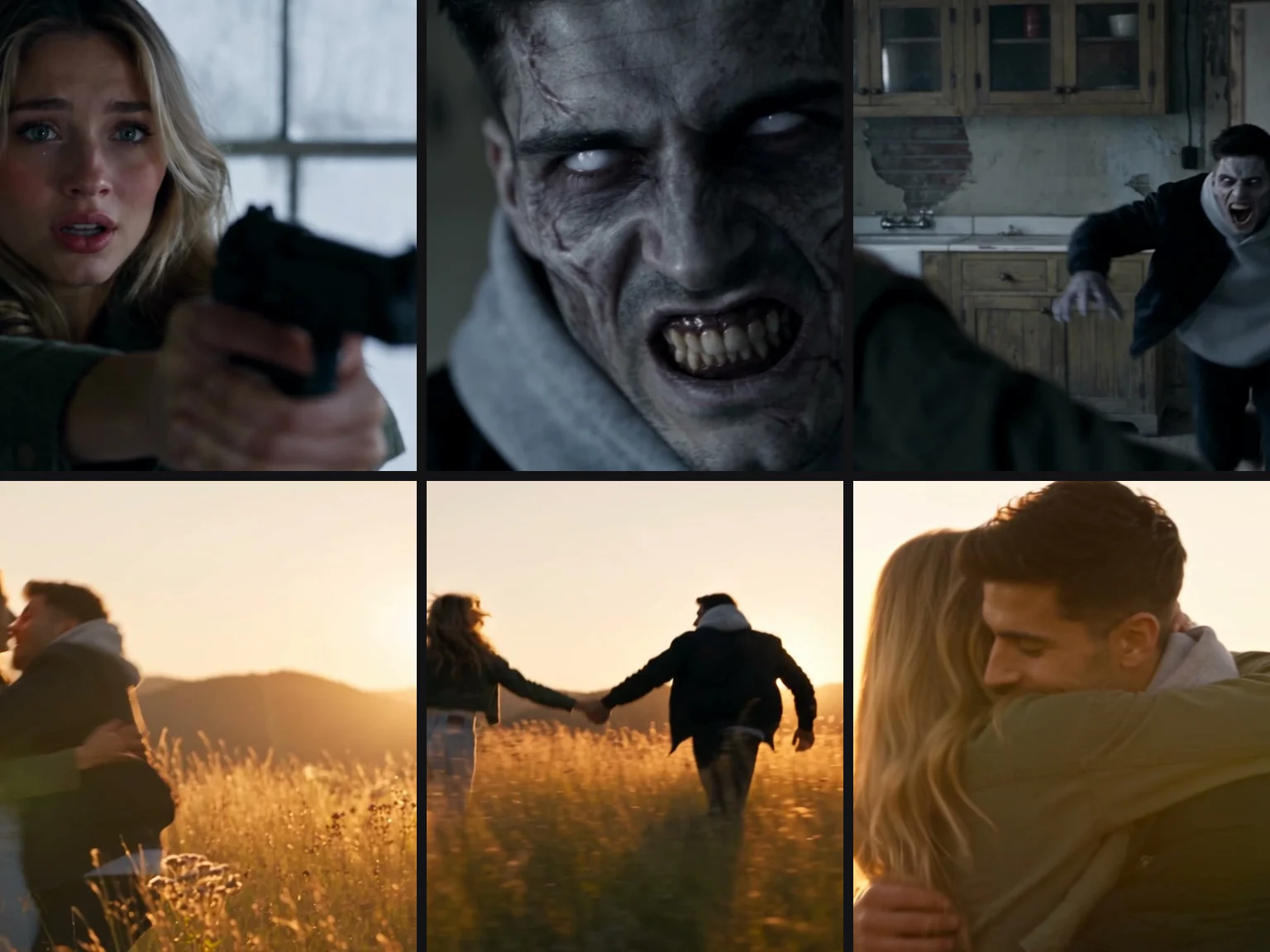 A grid of shots from one AI zombie video on Seadanse, from the zombie close-up in the cabin to running hand in hand through a golden field