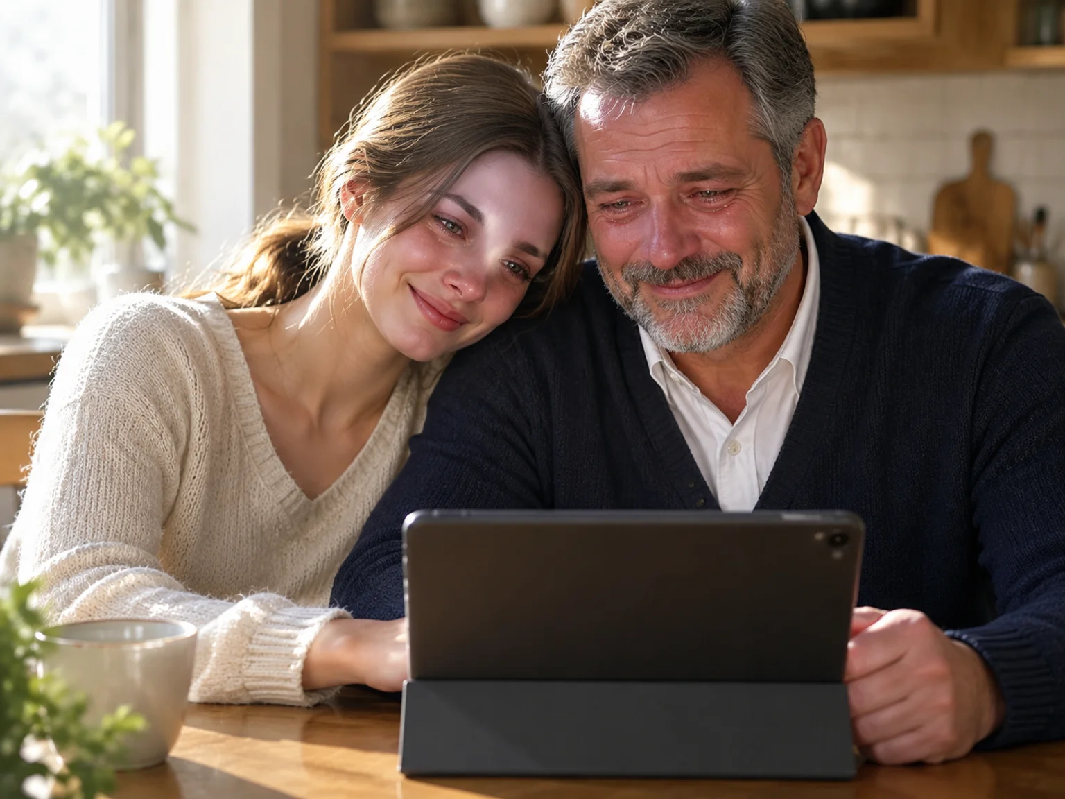 A father and his grown daughter smiling at a video on a tablet in their kitchen