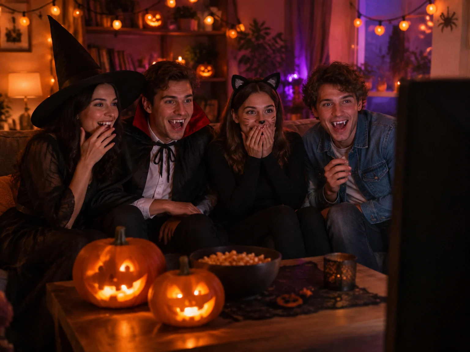 Friends in Halloween costumes laughing on a sofa with carved pumpkins, watching an AI zombie video together