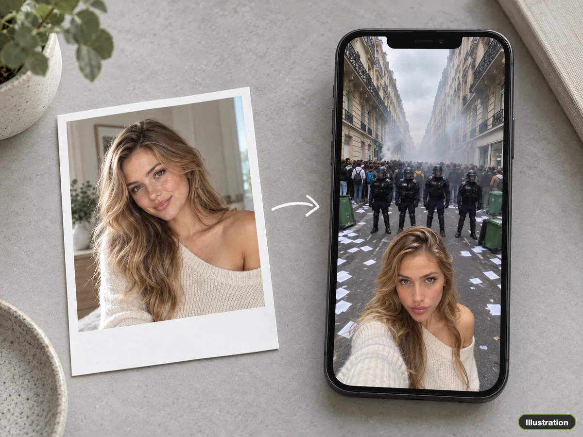 Illustration of a photo of a woman beside a phone showing her selfie in a Paris street in front of a police line