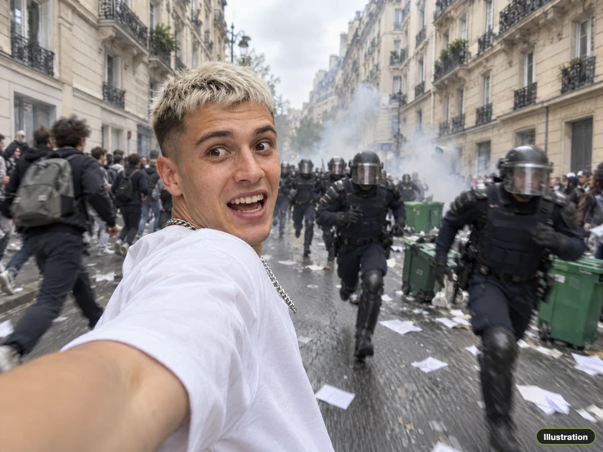 Illustration of a man in a white T-shirt filming a selfie as riot police charge behind him in a smoky Paris street