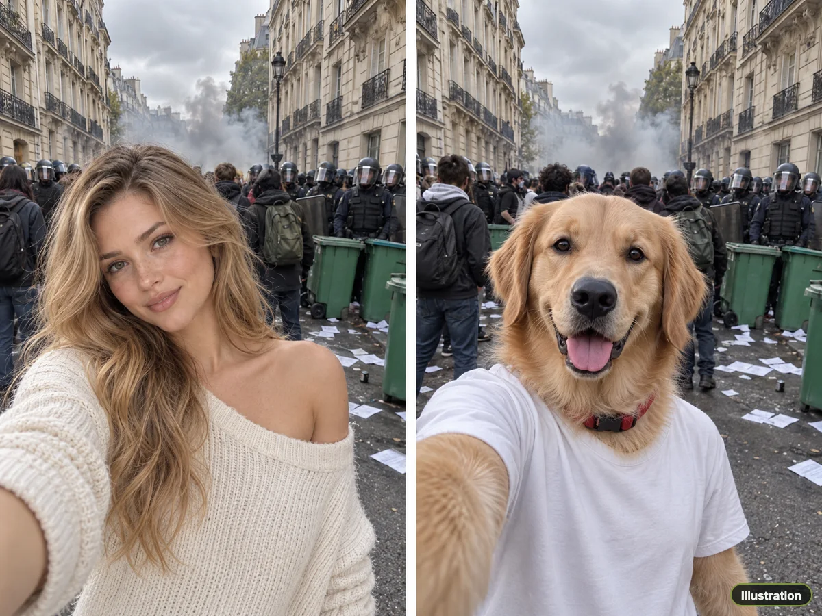 Illustration of a woman's selfie and a dog's selfie side by side in front of a police line in a Paris street