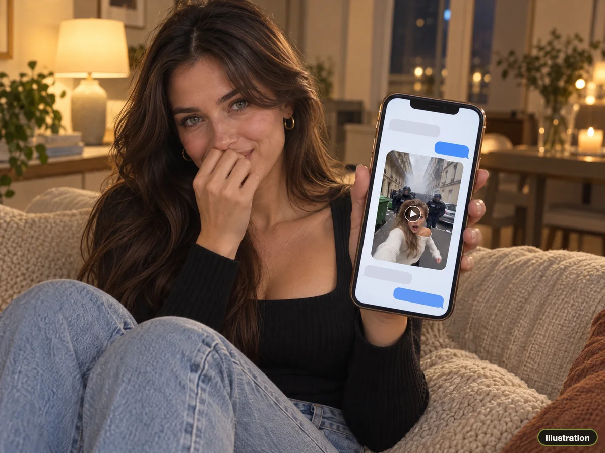 Illustration of a woman on a sofa laughing as she shows the chase video in a chat on her phone