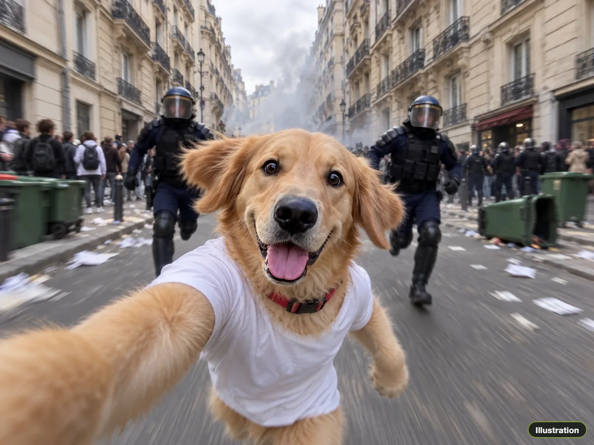 Illustration of a dog in a white T-shirt running from riot police while filming a selfie