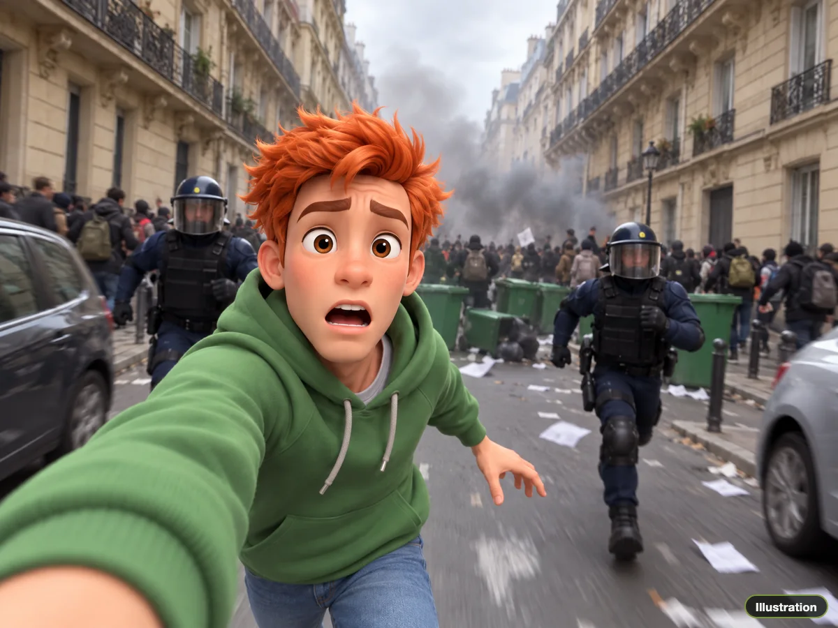 Illustration of a cartoon character in a green hoodie running from riot police while filming a selfie