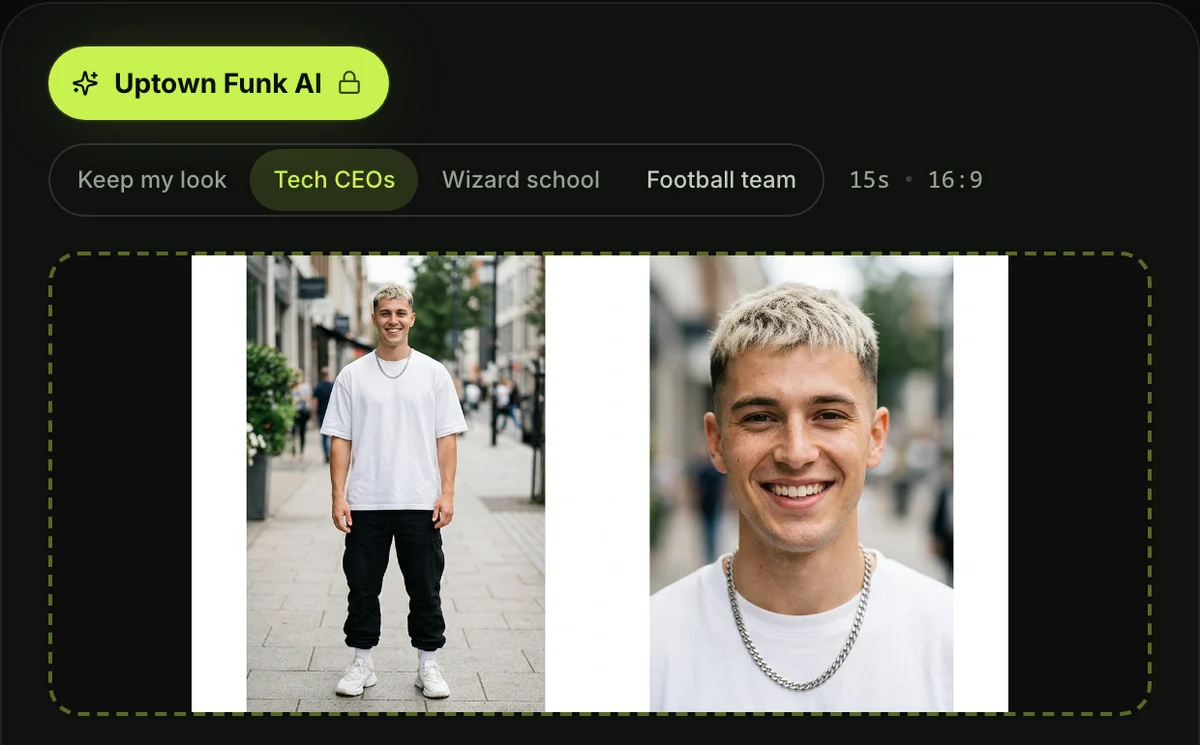 The Uptown Funk AI generator with the Tech CEOs theme picked for an AI CEO dance video