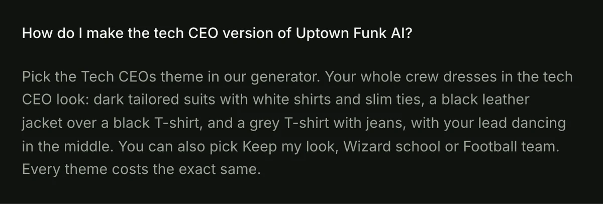 The Uptown Funk AI page's answer on the Tech CEOs theme for an AI CEO dance: dark tailored suits with white shirts and slim ties, a black leather jacket over a black T-shirt, and a grey T-shirt with jeans
