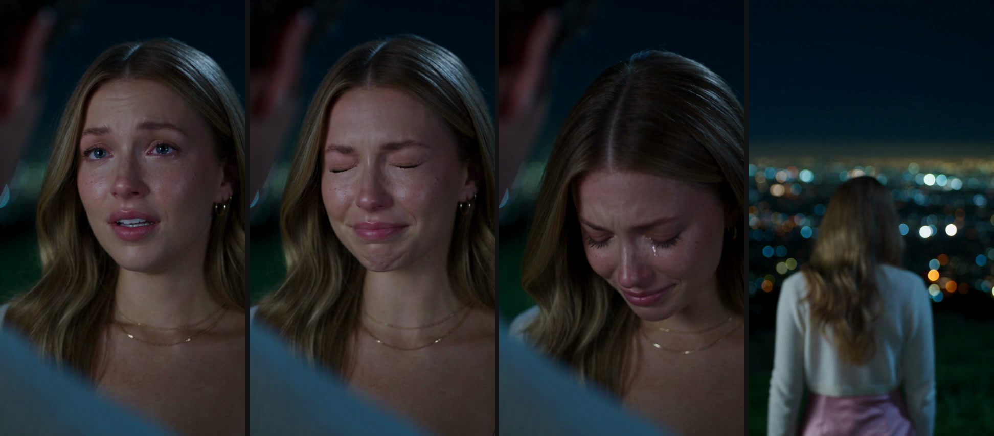 Four moments from the Hilltop Tears video: wet eyes looking at the man in front of her, eyes closed holding back tears, a tear on her cheek with her head down, and her walking away toward the city lights
