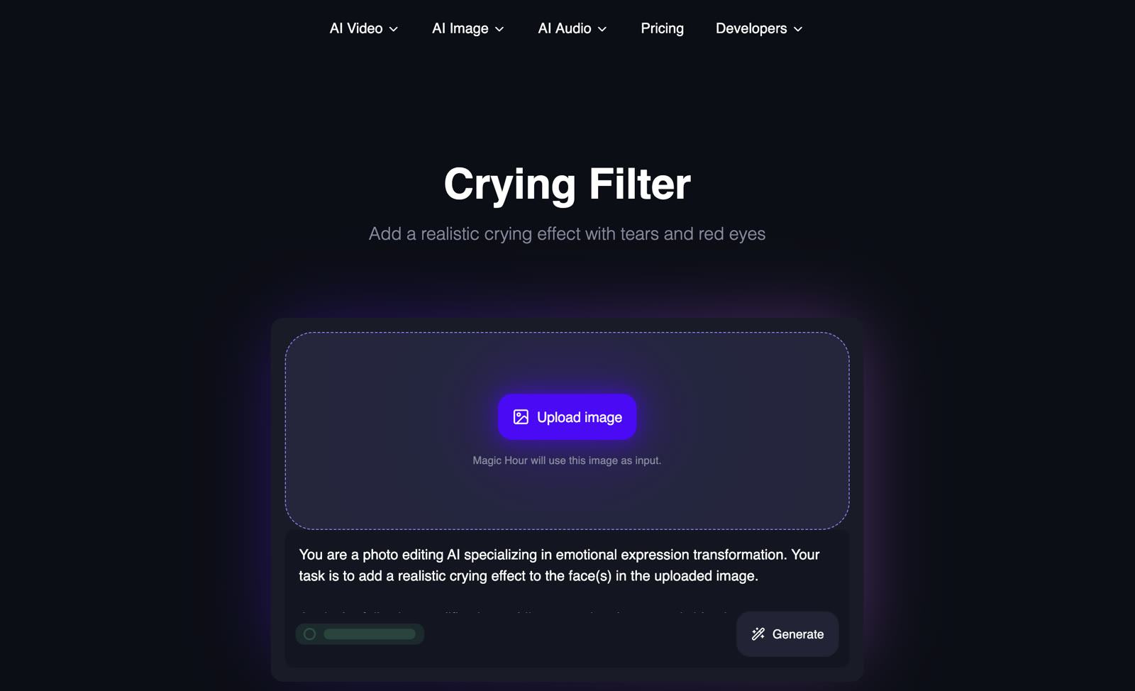 Magic Hour's Crying Filter page, a photo tool: the headline Add a realistic crying effect with tears and red eyes, an Upload image box and a Generate button