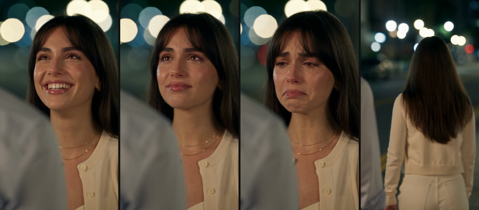 Four moments from one AI crying trend video made from one photo: a woman smiles at night over a man's blurred shoulder, the smile fades, a tear runs down her cheek, and she walks away down the dark street