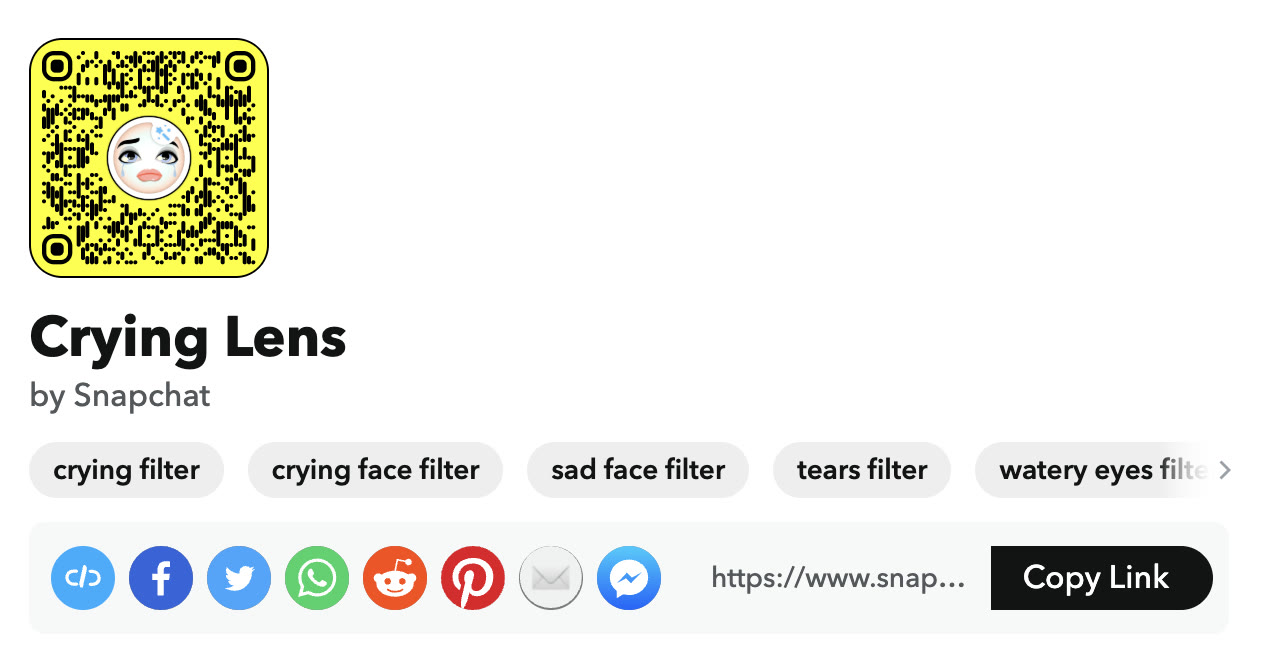 Snapchat's Crying Lens page on October 8, 2026: a yellow Snapcode with a crying cartoon face, the title Crying Lens by Snapchat, and tags such as crying filter, crying face filter and sad face filter