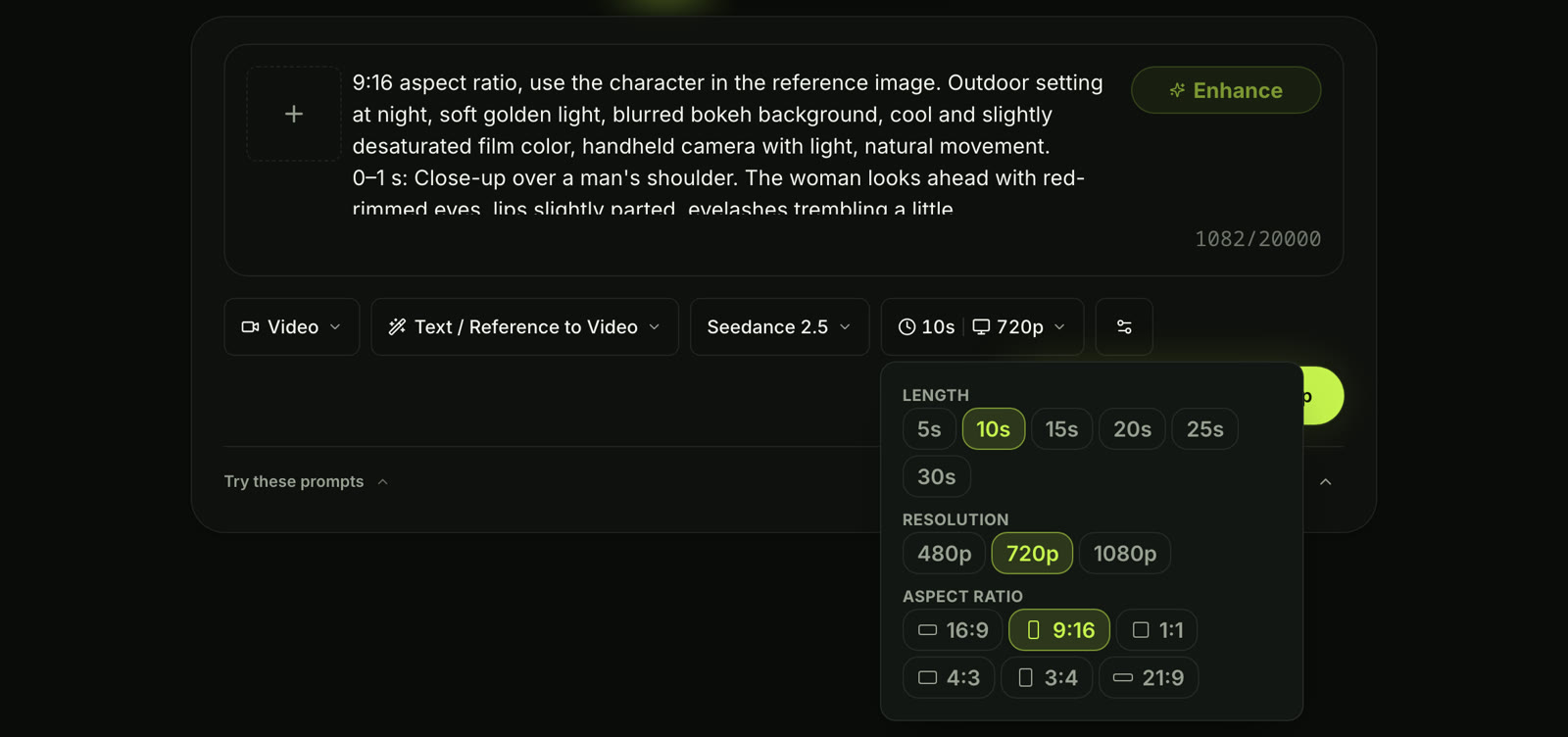 Seadanse image to video AI with an AI crying trend prompt pasted in, Text / Reference to Video mode, Seedance 2.5, and the settings on 10 seconds, 720p and 9:16