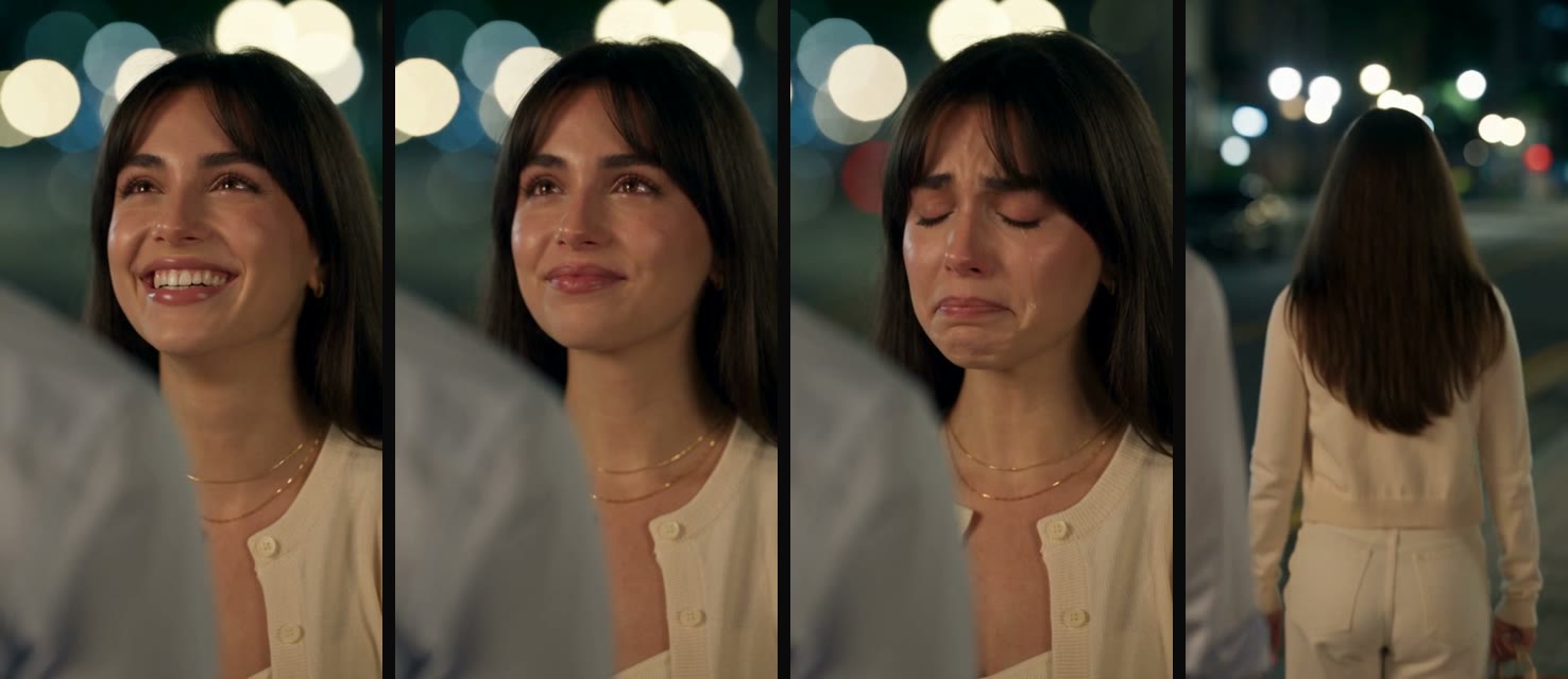 Four moments from an AI crying trend video: a smile at night, the smile breaking, tears with closed eyes, then walking away down a street of city lights