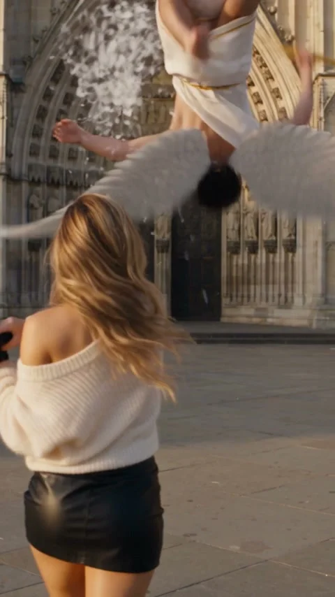 The hit in an AI Cupid video: the black handbag knocks Cupid backwards in a burst of white feathers on the cathedral square