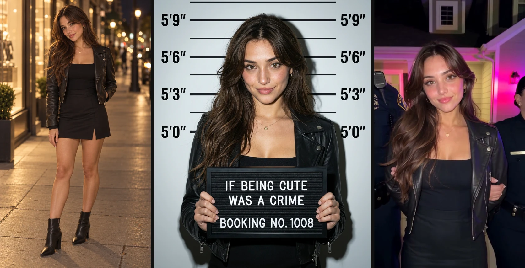 One photo, an AI mugshot and an AI arrest video on Seadanse: a full-body photo of an AI-made woman, the booking photo Nano Banana 2 made from it with a board reading IF BEING CUTE WAS A CRIME, and her grin at the camera in the 10-second video