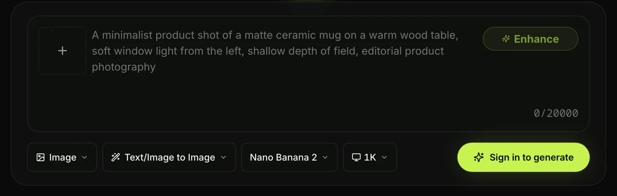 The Nano Banana 2 generator on Seadanse, signed out: the + button for your photo, the prompt box, Text/Image to Image, Nano Banana 2, 1K and the Sign in to generate button