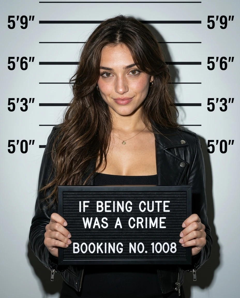 AI mugshot made with Nano Banana 2 on Seadanse: a woman with long dark-brown hair holds a black letter board reading IF BEING CUTE WAS A CRIME in front of a grey wall with height lines