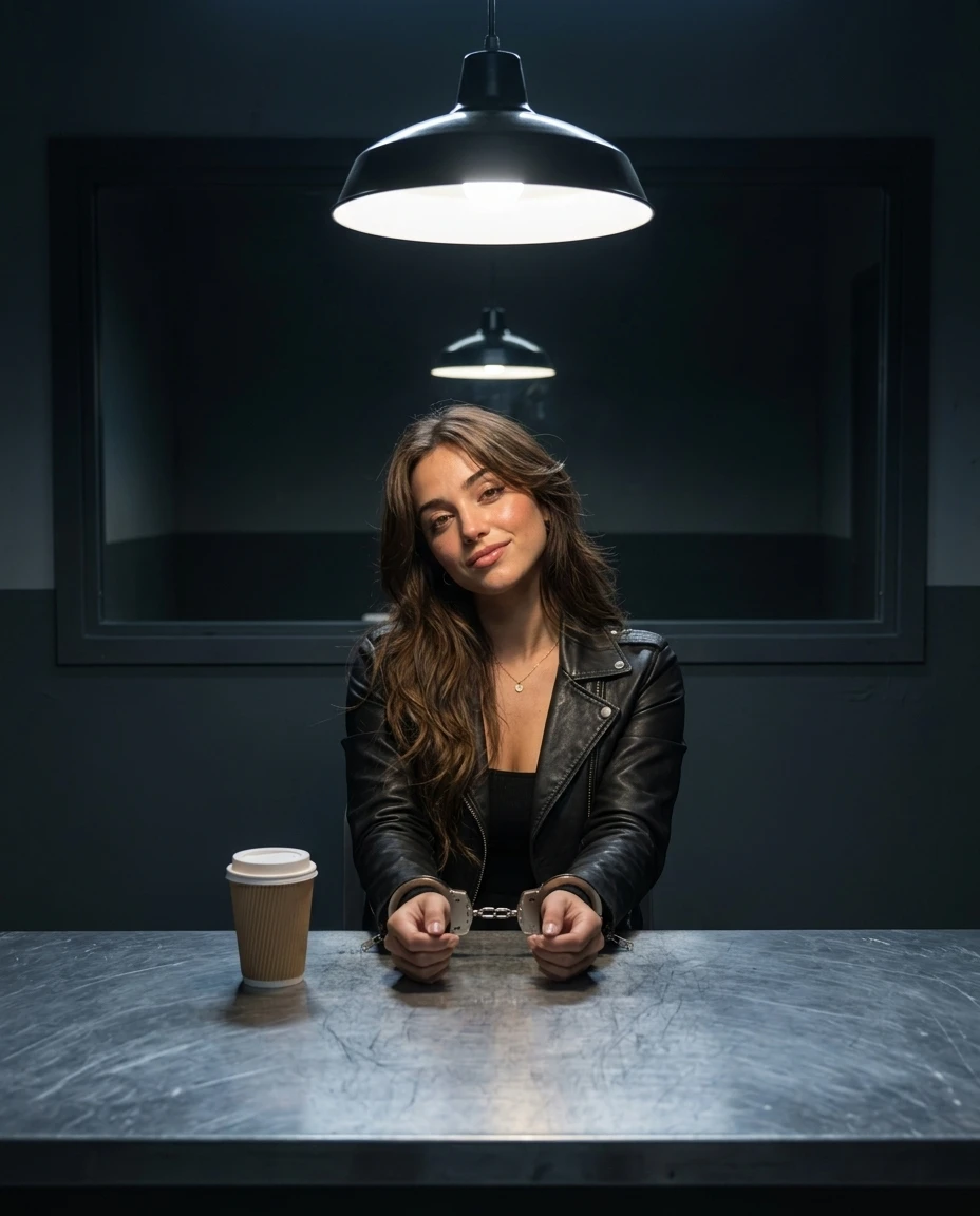 AI mugshot scene made with Nano Banana 2 on Seadanse: a handcuffed woman sits at a metal table in a police interrogation room and smirks at the camera