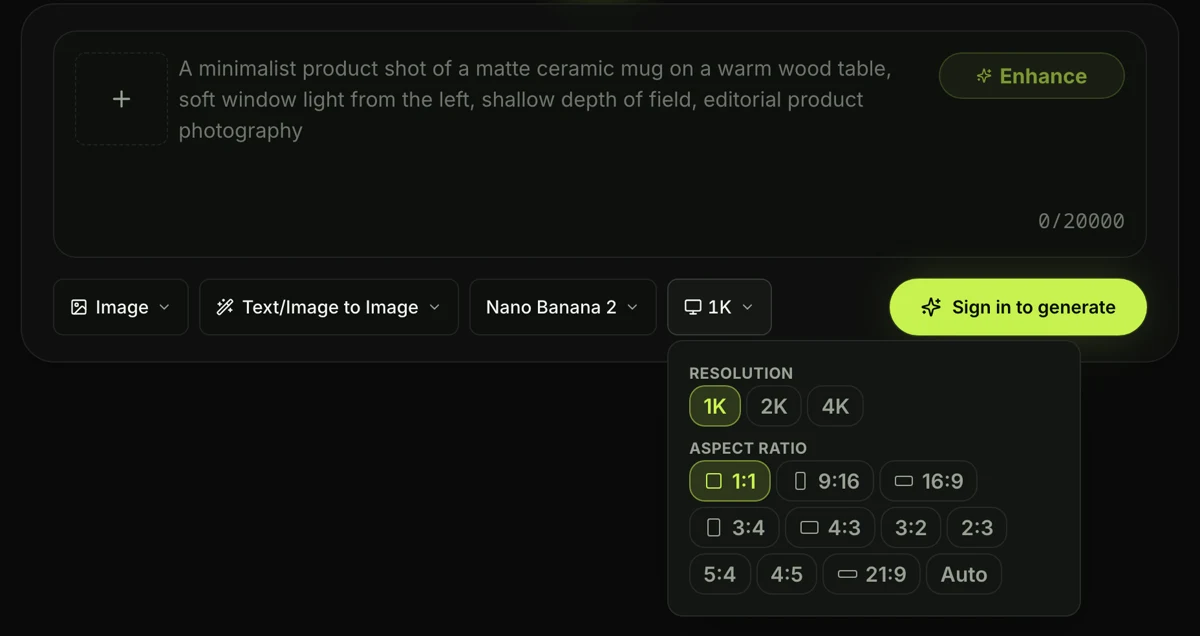 The Render settings menu in the Nano Banana 2 generator on Seadanse: 1K, 2K and 4K, and aspect ratios from 1:1 to 21:9