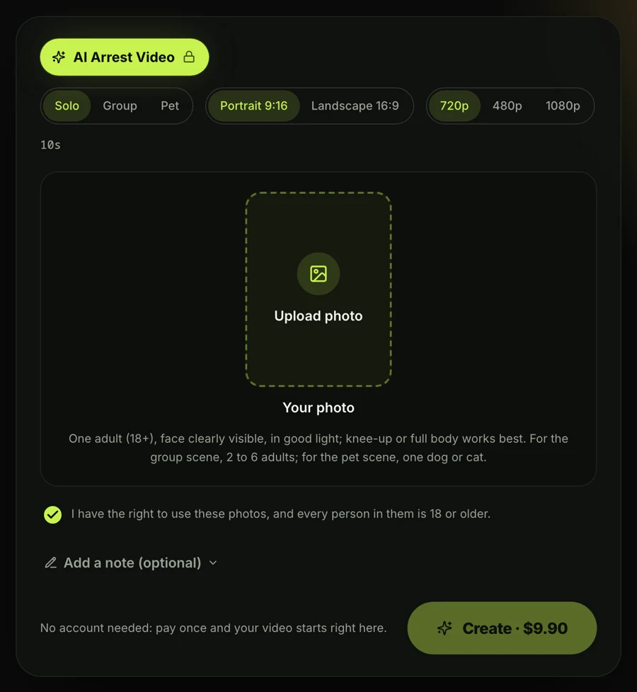 The AI Arrest Video generator on Seadanse, signed out: Solo, Portrait 9:16 and 720p picked, 10s, the photo box, the consent box and the Create · $9.90 button next to the No account needed line