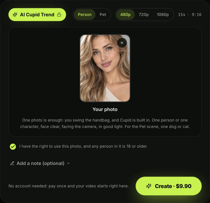 The AI Cupid Trend generator on Seadanse: the photo box, Person or Pet, 480p, 720p and 1080p, and the Create · $9.90 button