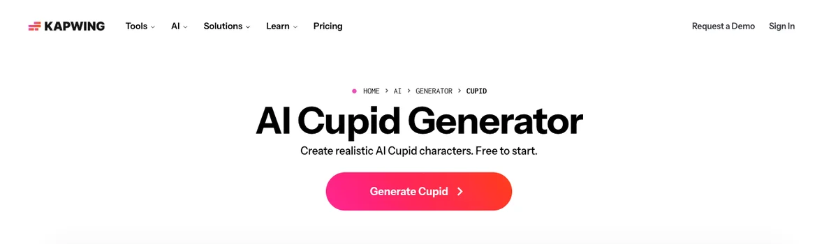 The Kapwing AI Cupid Generator page: Create realistic AI Cupid characters, with the Generate Cupid button