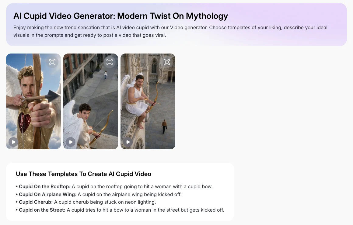 The LightX AI Cupid video generator page: sample clips and the four Cupid templates, from the rooftop to the street