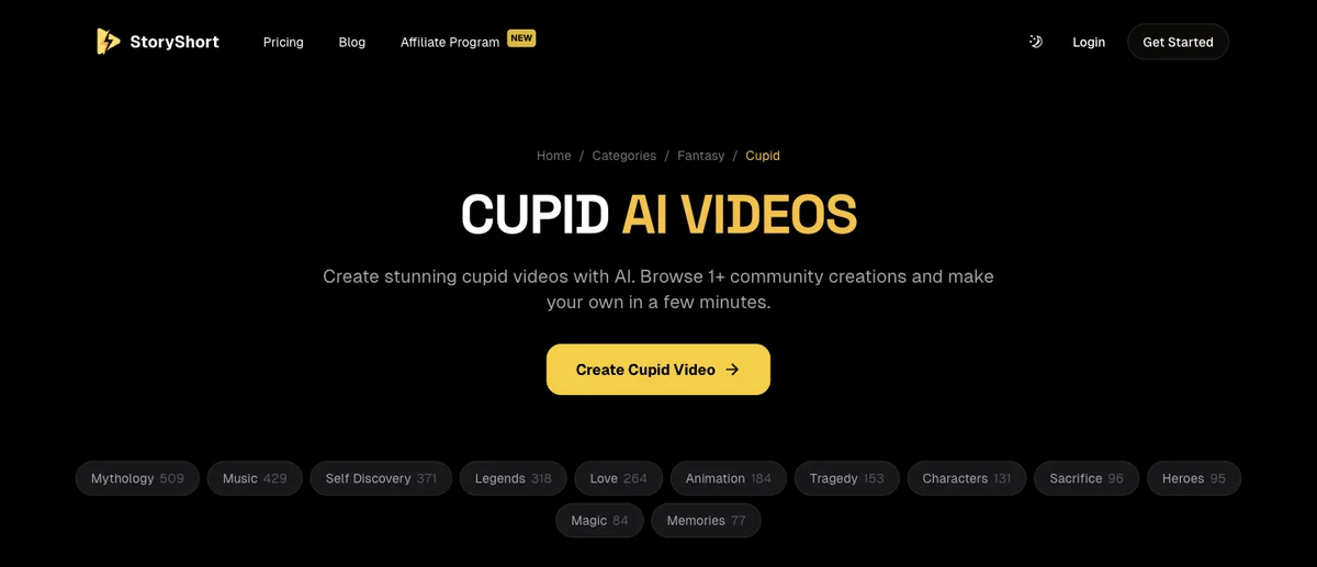The StoryShort Cupid AI Videos page: the Create Cupid Video button and the story categories