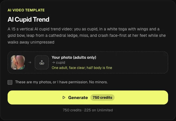 The Vidlark AI Cupid Trend page: one photo for you as Cupid and the Generate button at 750 credits