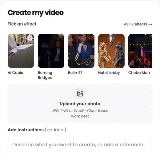 The Vismuse AI Cupid Video Generator: the upload box for your photo and the optional Add instructions box