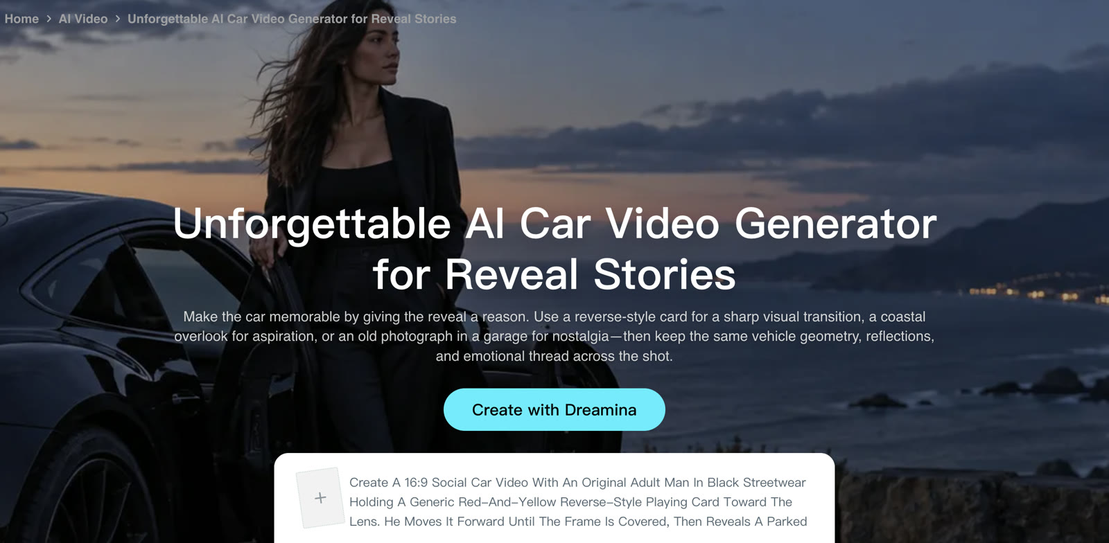 Dreamina's Unforgettable AI car video page with a sample prompt for one reverse-style playing card