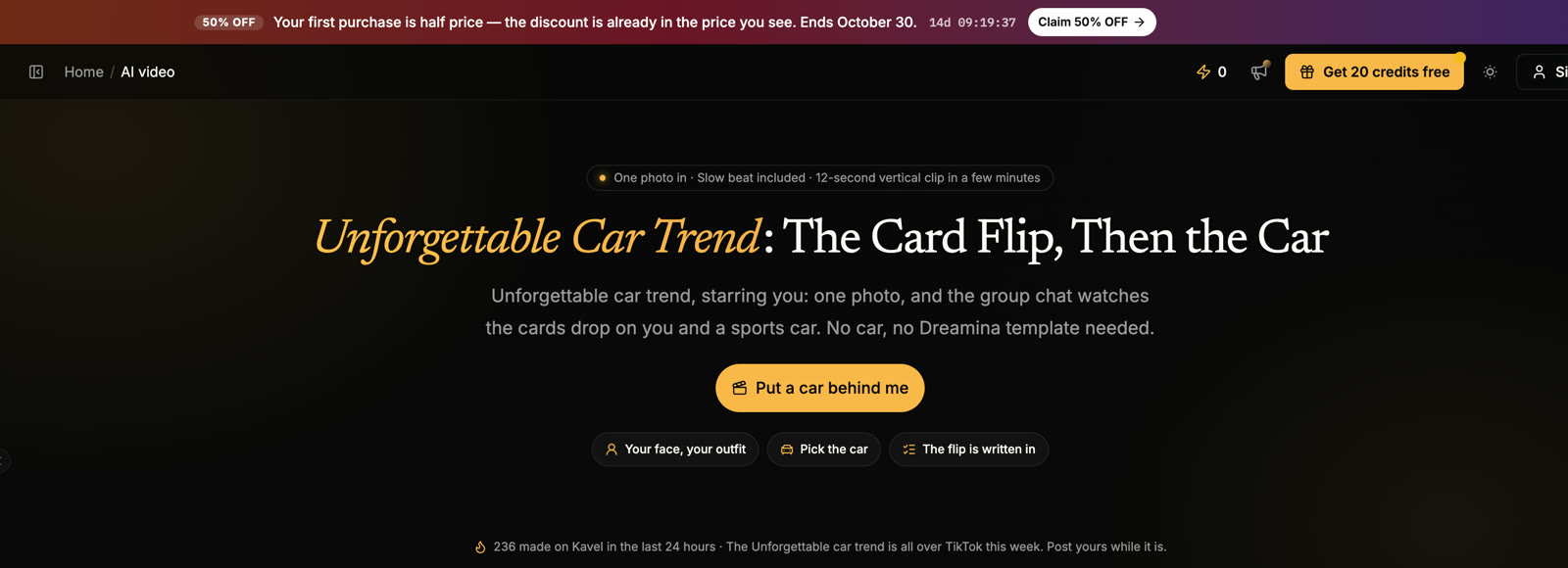 Kavel's Unforgettable car trend page: one photo in, slow beat included, 12-second vertical clip, with a half-price first order banner