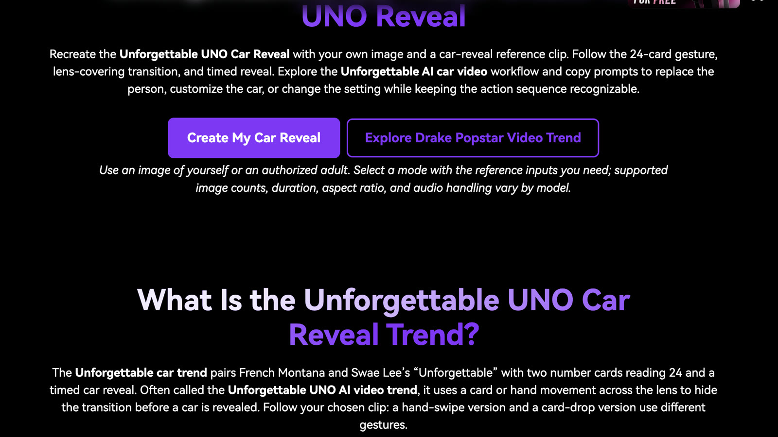 Media.io's Unforgettable AI car video page asking for your own image and a car-reveal reference clip