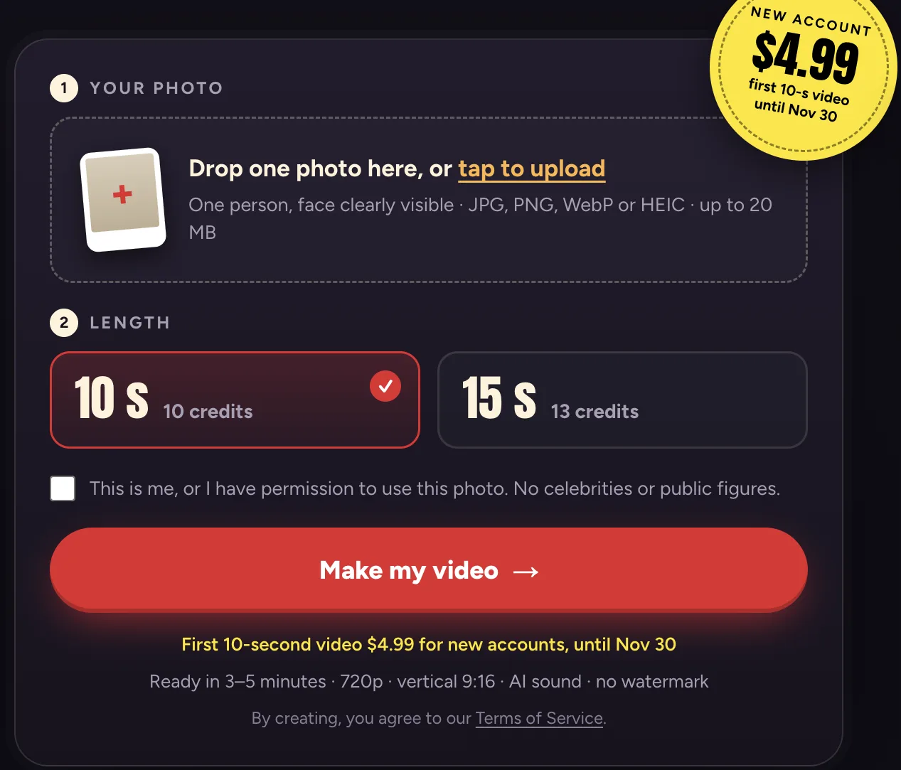 bailecharmeai.com generator with one photo slot, a 10-second option at 10 credits and a 15-second option at 13 credits, and 720p, vertical 9:16 and AI sound under the button
