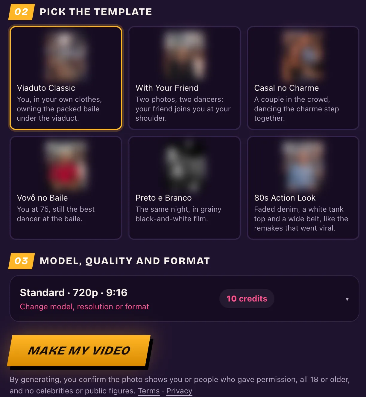 bailecharmeai.org generator with six charme templates, their thumbnails blurred, and Standard 720p 9:16 at 10 credits above a Make my video button