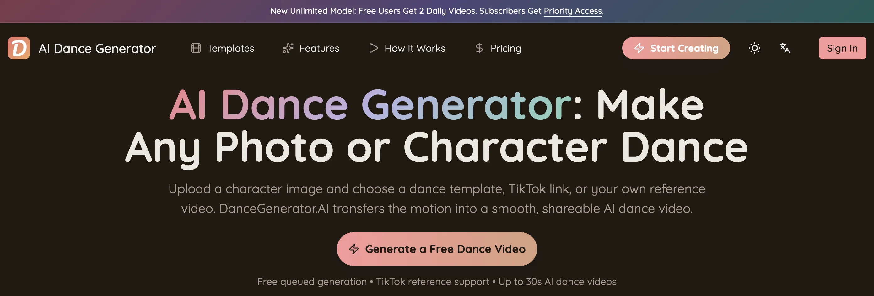 DanceGenerator.ai page: upload a character image and pick a dance template, a TikTok link or your own reference video, with 2 free daily videos