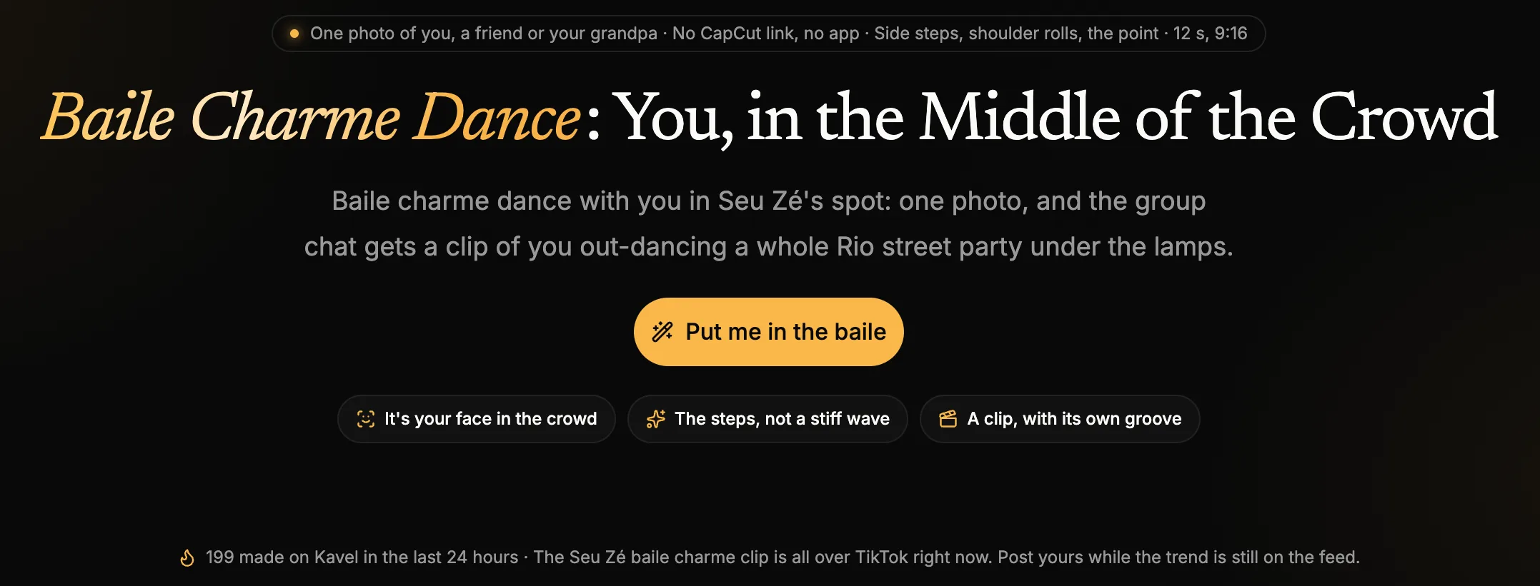 Kavel AI Baile Charme Dance page: one photo, no CapCut link, no app, 12 seconds, 9:16 and a clip with its own groove